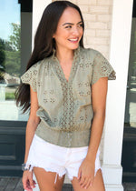 Romantic Feelings Eyelet Blouse - Light Olive-Hand In Pocket