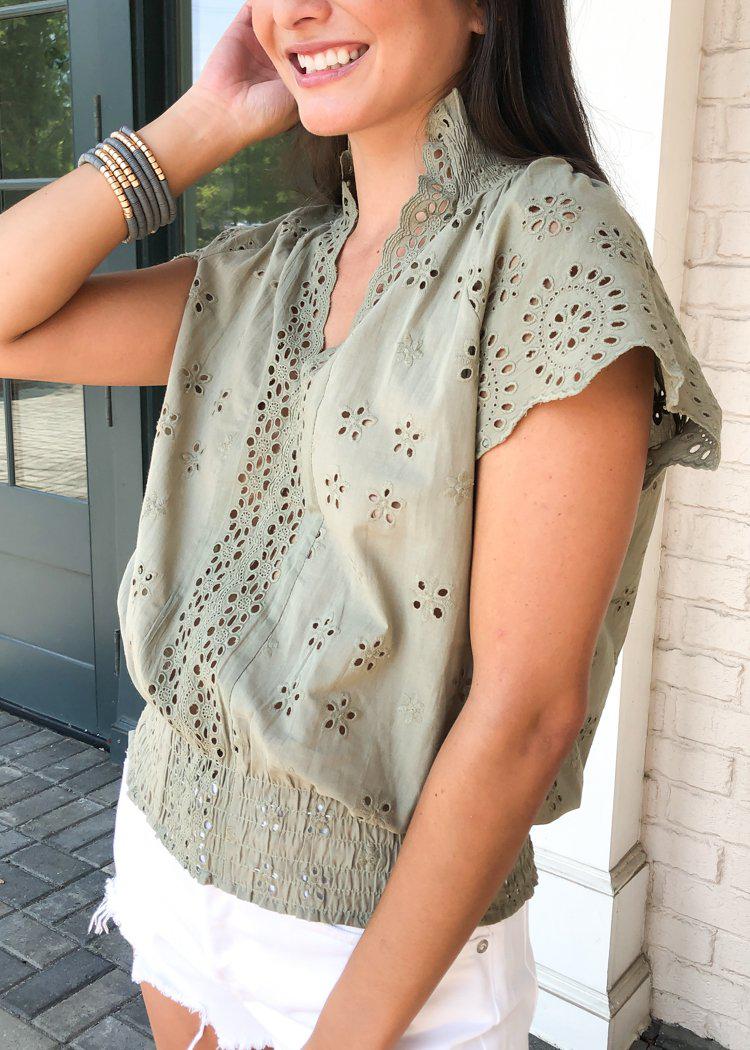 Romantic Feelings Eyelet Blouse - Light Olive-Hand In Pocket