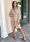 Antonia Long Sleeve Ruched Tie Waist Shirtdress-Taupe ***FINAL SALE***-Hand In Pocket