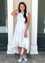 Karlie Seaside Watercolor Striped Tiered Midi Dress-Hand In Pocket