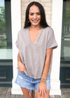 Karlie Staple V Neck Boxy Tee-Grey-Hand In Pocket