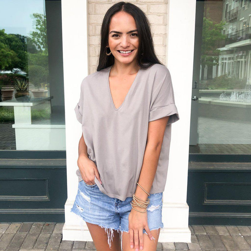 Karlie Staple V Neck Boxy Tee-Grey-Hand In Pocket