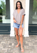 Karlie Staple V Neck Boxy Tee-Grey-Hand In Pocket