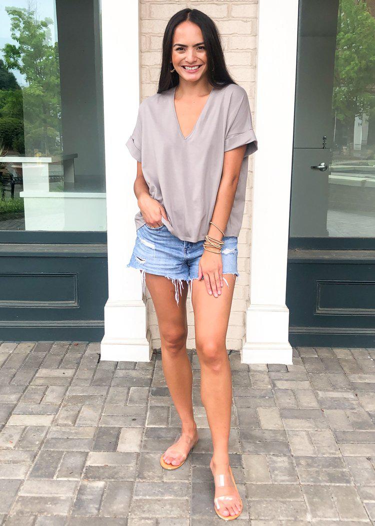 Karlie Staple V Neck Boxy Tee-Grey-Hand In Pocket