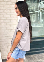 Karlie Staple V Neck Boxy Tee-Grey-Hand In Pocket