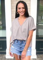 Karlie Staple V Neck Boxy Tee-Grey-Hand In Pocket