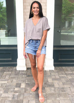 Karlie Staple V Neck Boxy Tee-Grey-Hand In Pocket