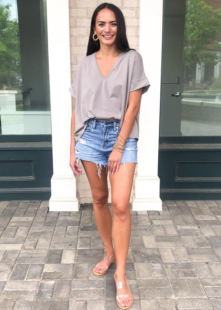 Karlie Staple V Neck Boxy Tee-Grey-Hand In Pocket