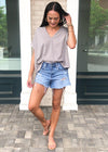 Karlie Staple V Neck Boxy Tee-Grey-Hand In Pocket