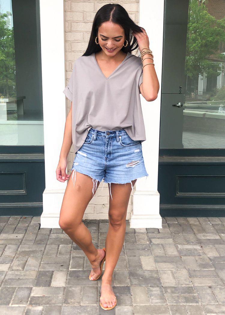 Karlie Staple V Neck Boxy Tee-Grey-Hand In Pocket