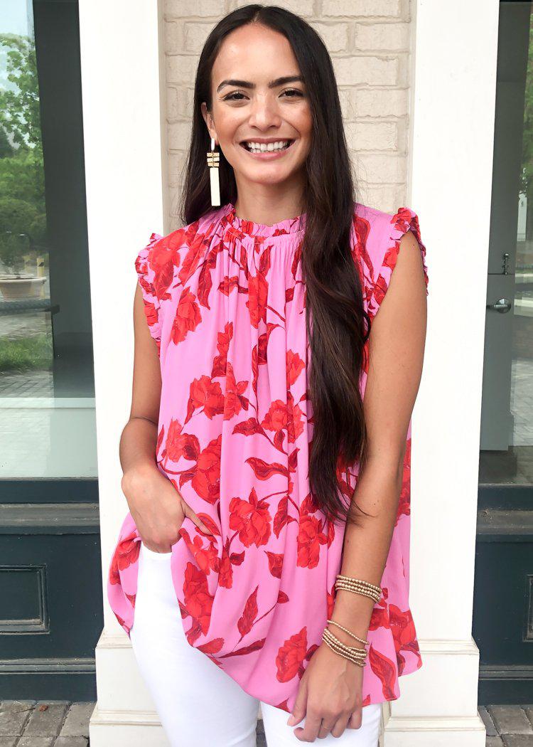 Karlie Hibiscus Ruffle Sleeve Tunic-Hand In Pocket