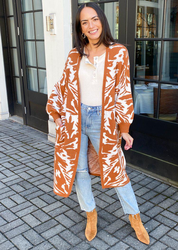 Mila Printed Balloon Sleeve Cardigan-Hand In Pocket