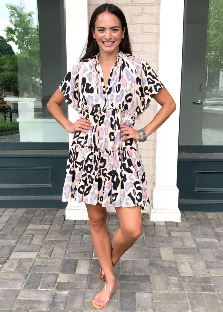Karlie Pomona Short Sleeve Tiered Cheetah Print Dress - Blush-Hand In Pocket