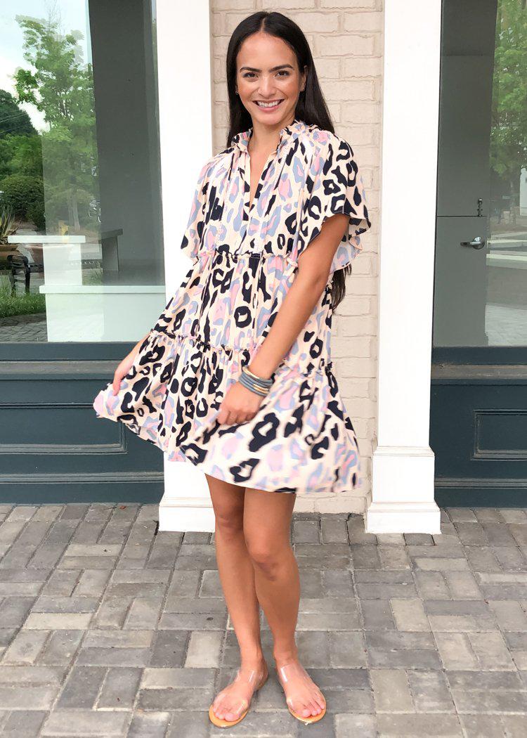 Karlie Pomona Short Sleeve Tiered Cheetah Print Dress - Blush-Hand In Pocket