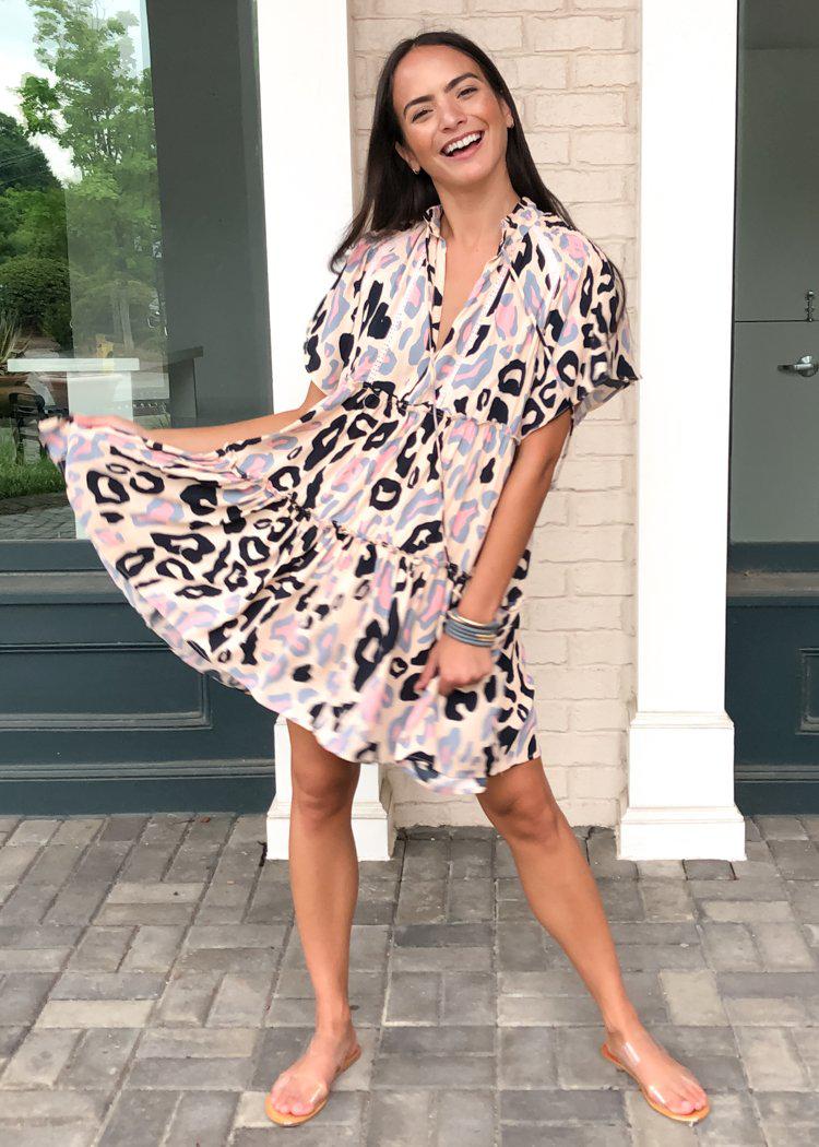 Karlie Pomona Short Sleeve Tiered Cheetah Print Dress - Blush-Hand In Pocket