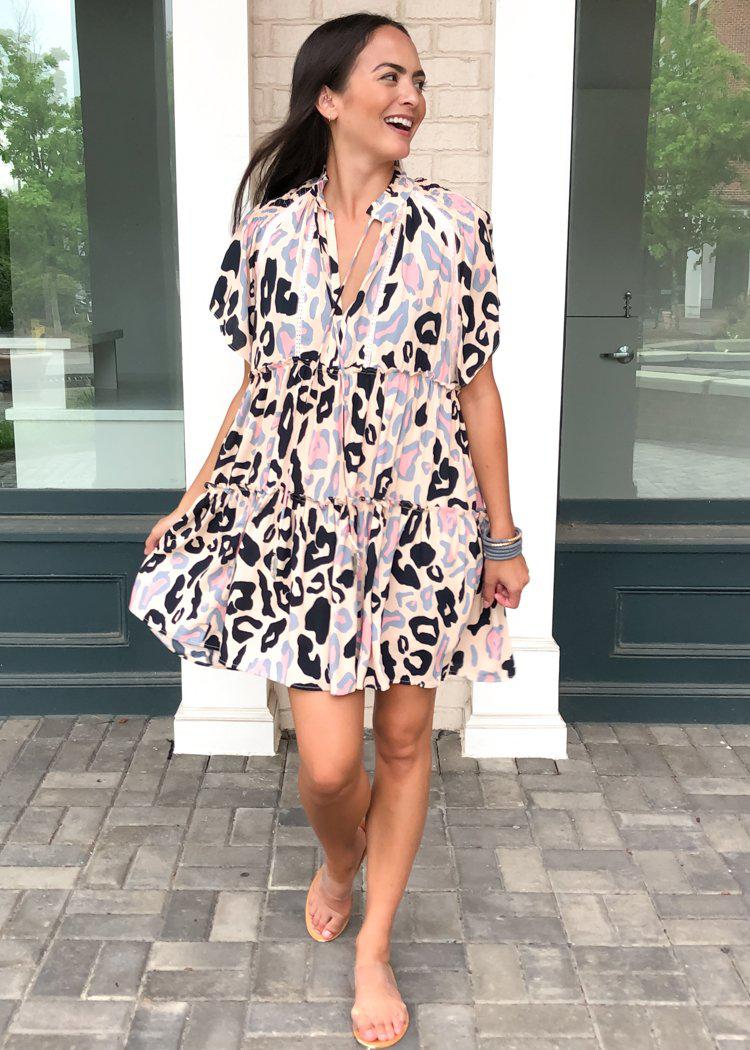 Karlie Pomona Short Sleeve Tiered Cheetah Print Dress - Blush-Hand In Pocket