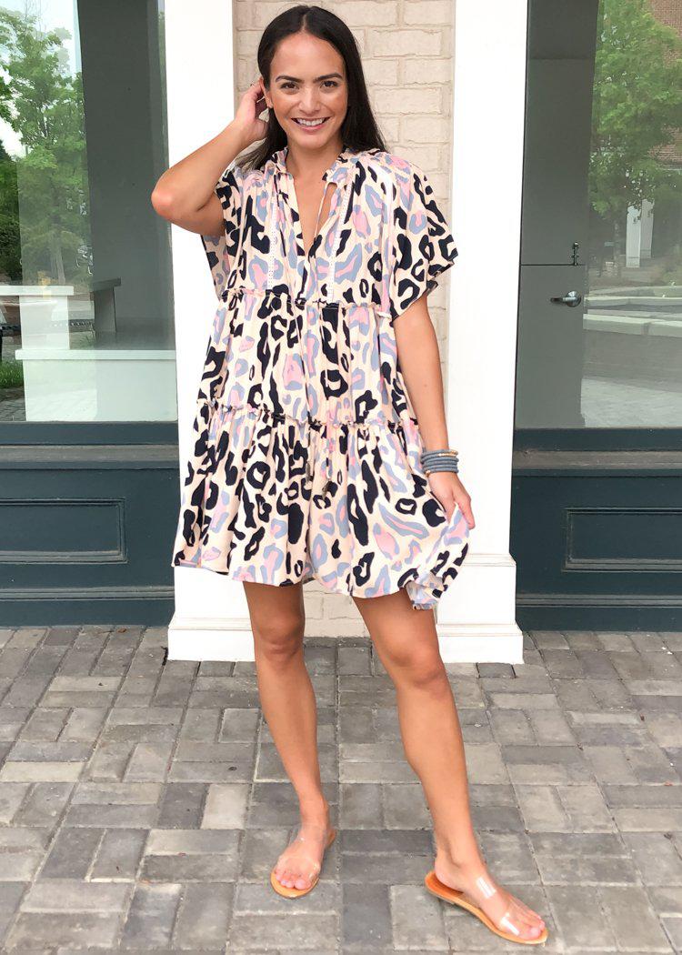 Karlie Pomona Short Sleeve Tiered Cheetah Print Dress - Blush-Hand In Pocket