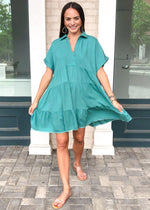 West Port Tiered Shirtdress - Teal-Hand In Pocket