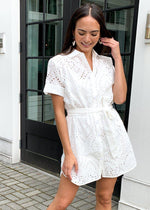 Allison Button Down Eyelet Belted Mini Dress - White-Hand In Pocket