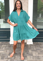 West Port Tiered Shirtdress - Teal-Hand In Pocket