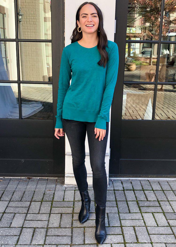 Bobi Essential Long Sleeve Crew Neck Tee - Iris-Hand In Pocket
