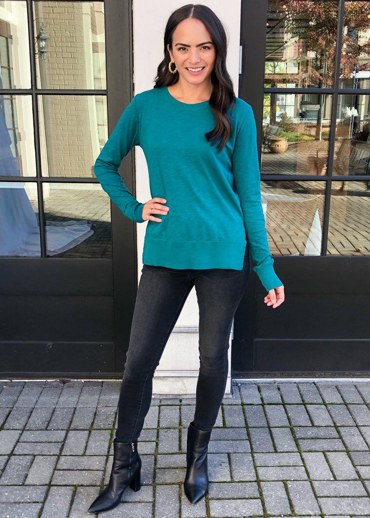 Bobi Essential Long Sleeve Crew Neck Tee - Iris-Hand In Pocket