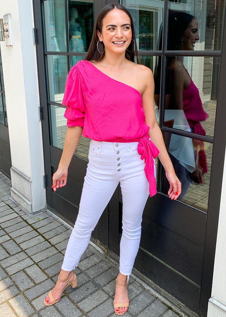 Aires One Shoulder Puff Sleeve Top- Hot Pink ***FINAL SALE***-Hand In Pocket