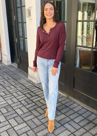 Bobi Cropped Ribbed Long Sleeve Henley Tee - Brandy***FINAL SALE***-Hand In Pocket