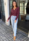 Bobi Cropped Ribbed Long Sleeve Henley Tee - Brandy***FINAL SALE***-Hand In Pocket