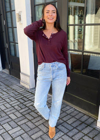 Bobi Cropped Ribbed Long Sleeve Henley Tee - Brandy***FINAL SALE***-Hand In Pocket