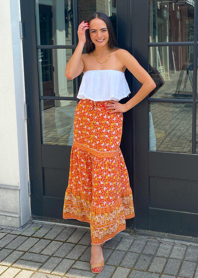 Giverny Tiered Midi Skirt-Orange-Hand In Pocket