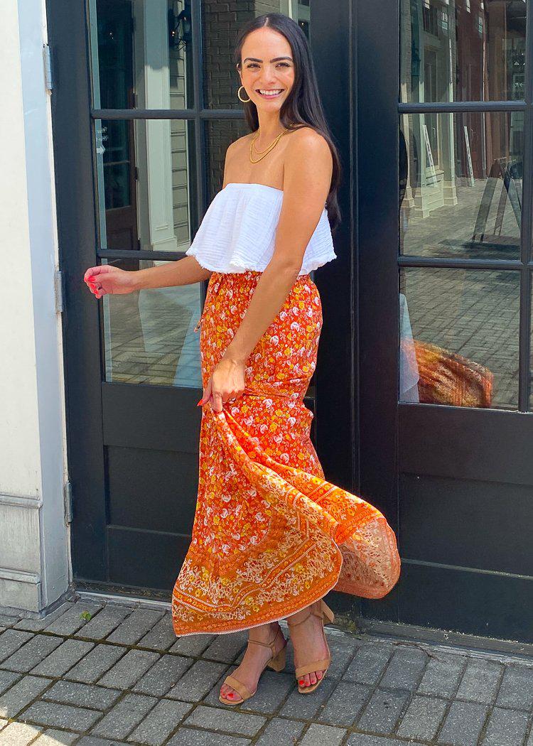 Giverny Tiered Midi Skirt-Orange-Hand In Pocket