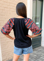 THML Mayakoba Embroidered Puff Sleeve Top-Black-Hand In Pocket