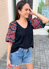 THML Mayakoba Embroidered Puff Sleeve Top-Black-Hand In Pocket