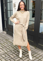 Lucy Paris Indria Tie Waist Sweater Dress - Taupe-Hand In Pocket