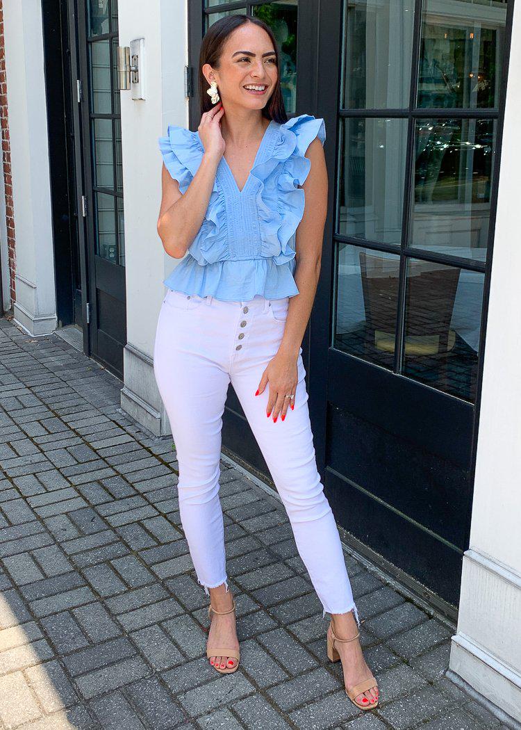 Janeiro Ruffled Double V Top-Hand In Pocket