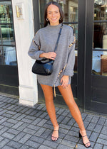 Kara Mock Neck Tunic Sweater-Grey-Hand In Pocket