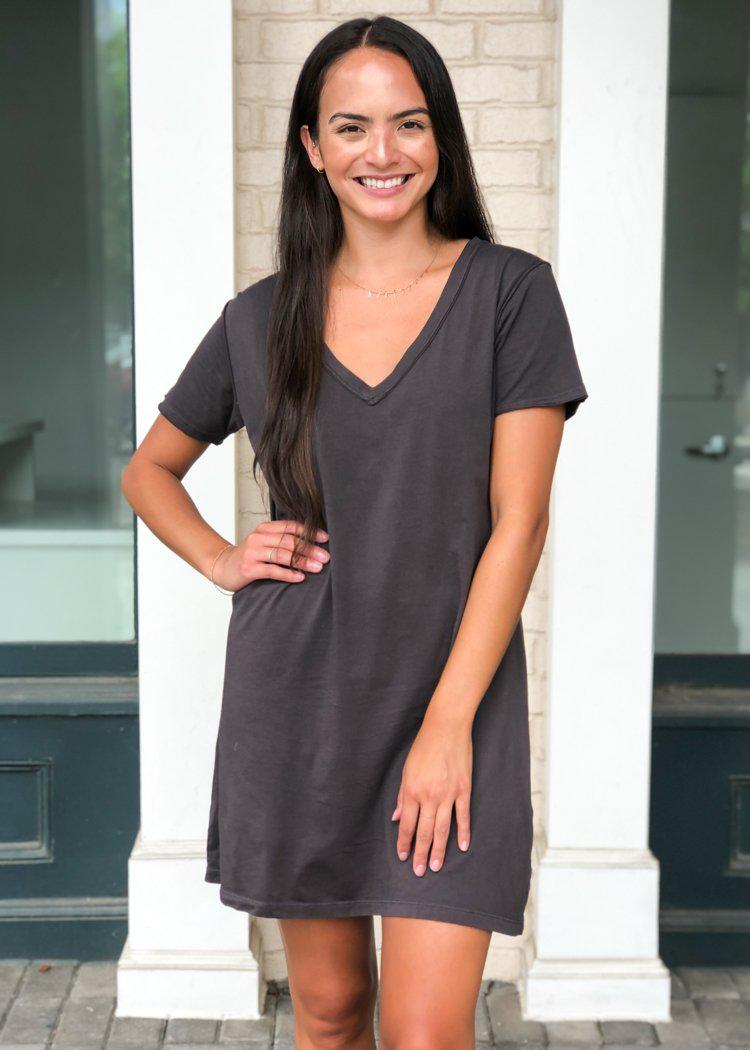 Z Supply Short Sleeve Organic Cotton V-neck T-shirt Dress-Hand In Pocket