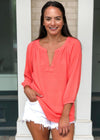 Bobi Gauzy Split Neck Blouse-Cocktail-Hand In Pocket