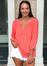 Bobi Gauzy Split Neck Blouse-Cocktail-Hand In Pocket