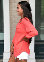 Bobi Gauzy Split Neck Blouse-Cocktail-Hand In Pocket