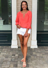 Bobi Gauzy Split Neck Blouse-Cocktail-Hand In Pocket