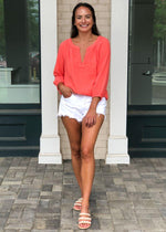 Bobi Gauzy Split Neck Blouse-Cocktail-Hand In Pocket