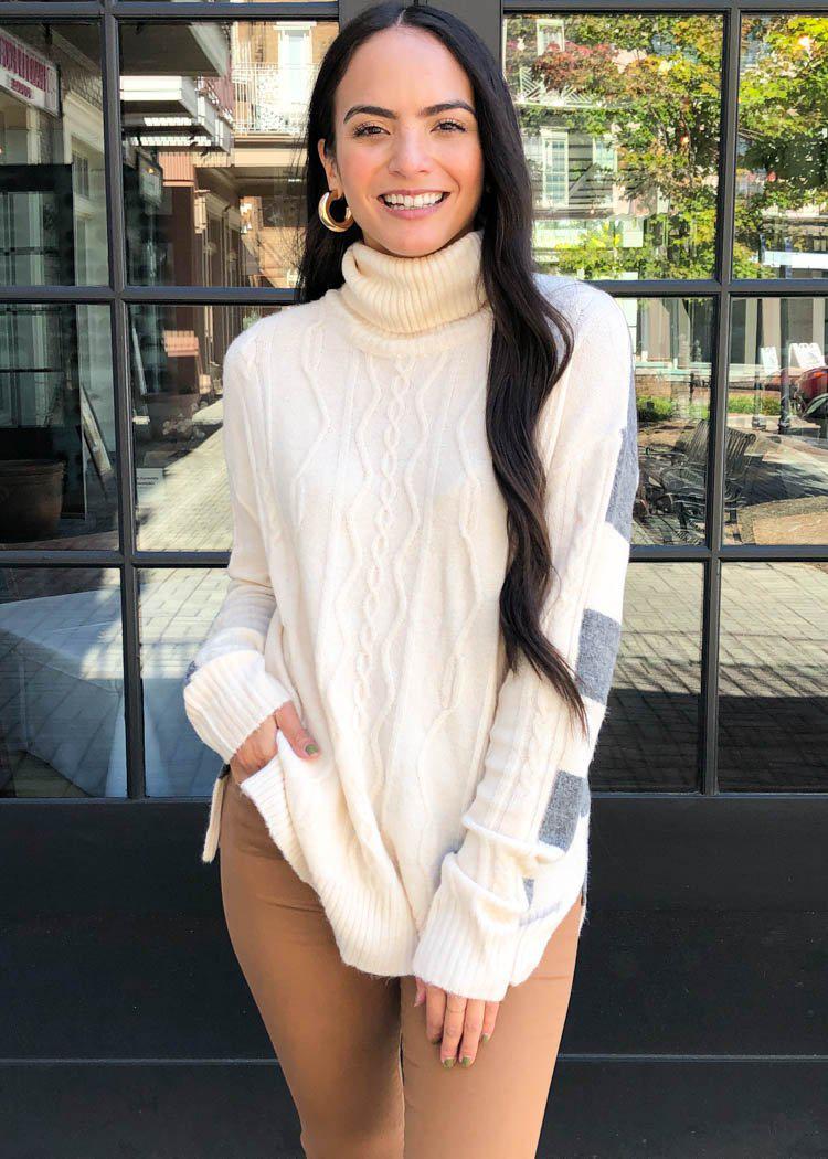 Estes Cableknit Tunic Sweater-Cream-Hand In Pocket