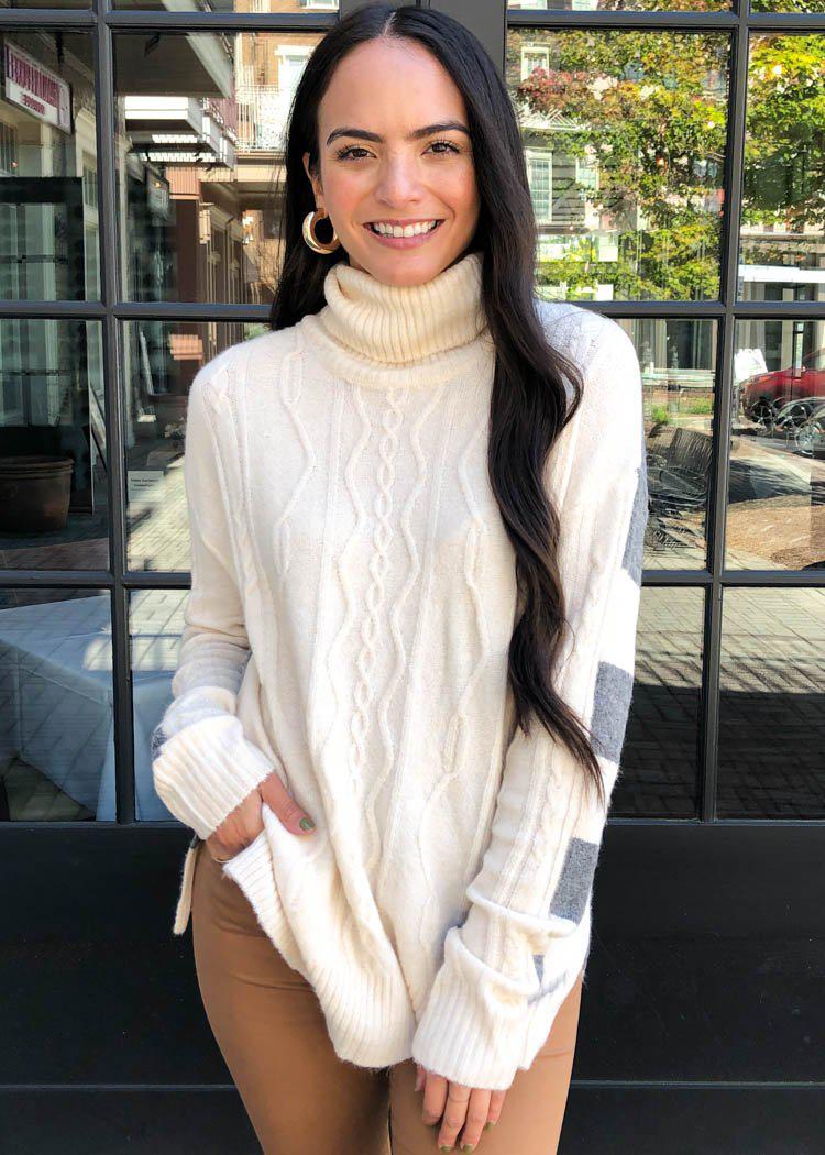 Estes Cableknit Tunic Sweater-Cream-Hand In Pocket