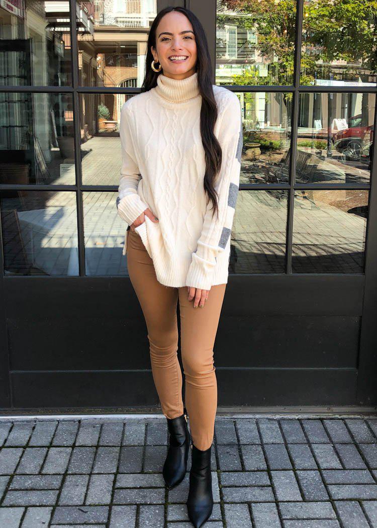 Estes Cableknit Tunic Sweater-Cream-Hand In Pocket