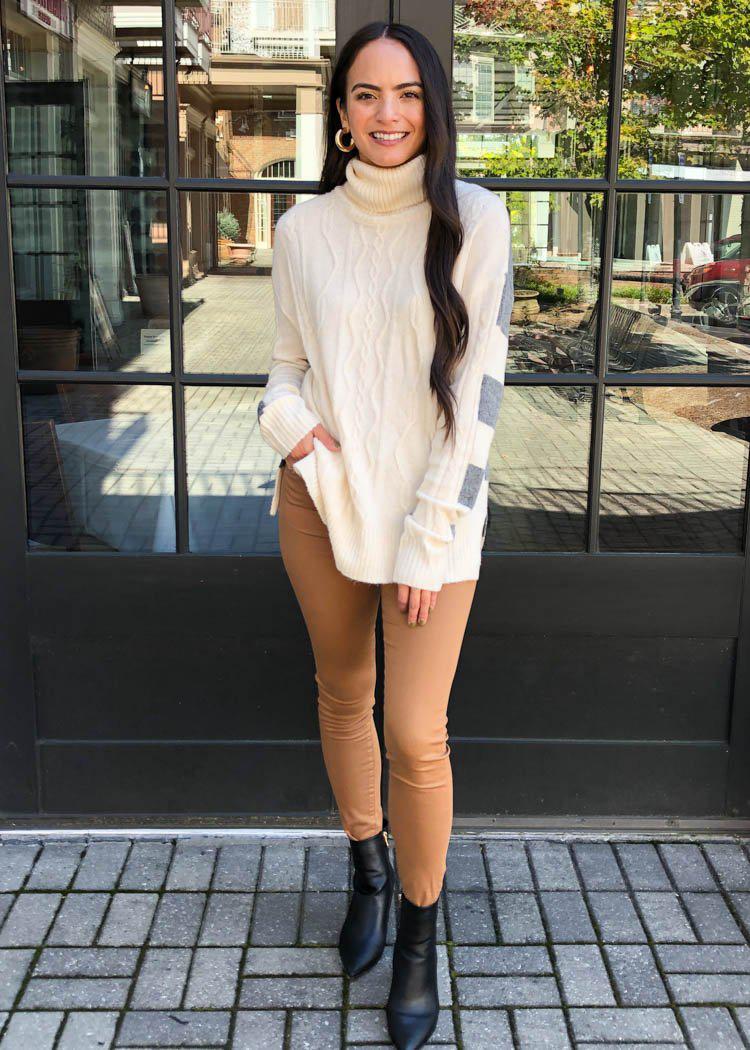 Estes Cableknit Tunic Sweater-Cream-Hand In Pocket