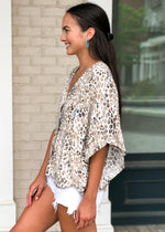 Zaire Leopard Print Kimono Sleeve Blouse - Taupe-Hand In Pocket