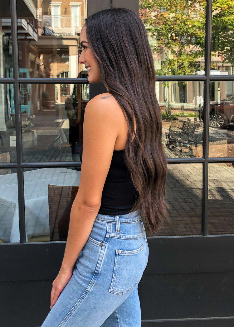 outfit, style, fashion, hair, hairstyle, tank top, crop top, sleeveless, high  neck, mock neck, top, crop, tank, tee, jeans, denim, p… | Fashion, Style,  Cute outfits