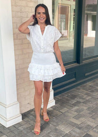 Mwaii Short Sleeve Smocked Mini Dress- White-Hand In Pocket